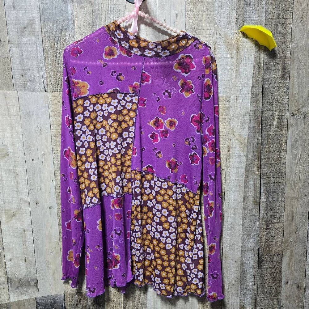 LOGO Lori Goldstein Purple Sheer Mesh Floral Patchwork Blouse Large Trendy Boho